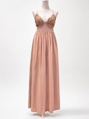 Privy Tan Taupe Maxi Dress Boho Formal V-Neck Flowy Evening Wedding Guest Size M